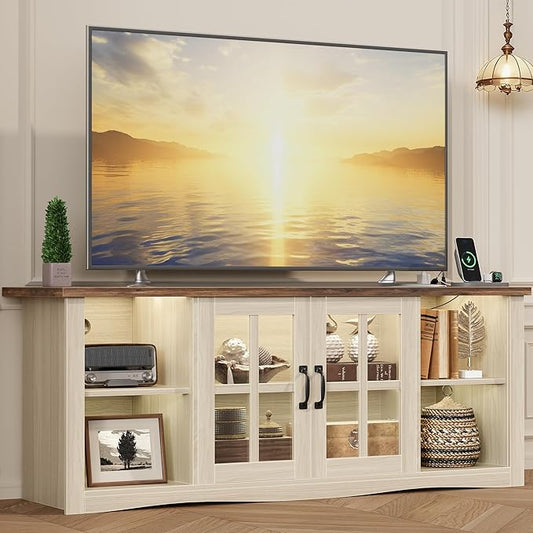 YESHOMY Farmhouse LED TV Stand with Power Outlet, for Televisions up to 65 Inches, Wood Entertainment Center with Glass Door Storage Cabinet, TV Console for Living Room, Oak