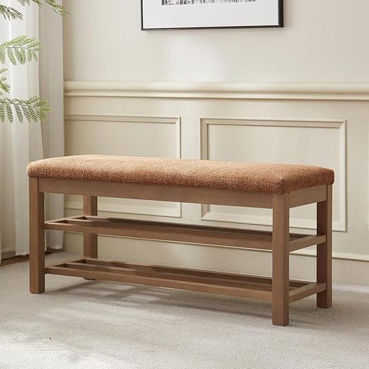 VKNOW Entryway Bench, 44.3” Upholstered Shoe Bench for Bedroom, 2-Tier Storage End of Bed Bench with Rubberwood Legs for Living Room, Hallway, Orange