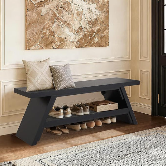 2-Tier Shoe Bench,Solid Wood Shoe Storage Bench,Modern Narrow Bench for Entryway, Kitchen, Bedroom, Dining（Black）