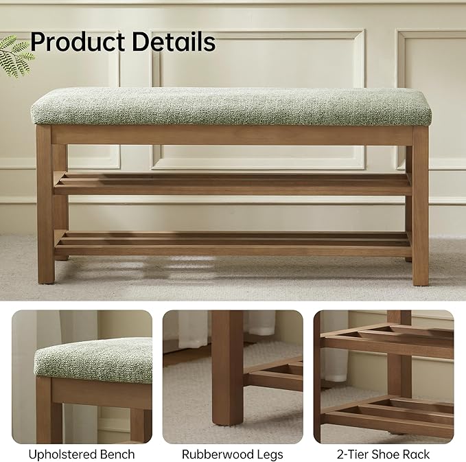 VKNOW Entryway Bench, 44.3” Upholstered Shoe Bench for Bedroom, 2-Tier Storage End of Bed Bench with Rubberwood Legs for Living Room, Hallway, Green