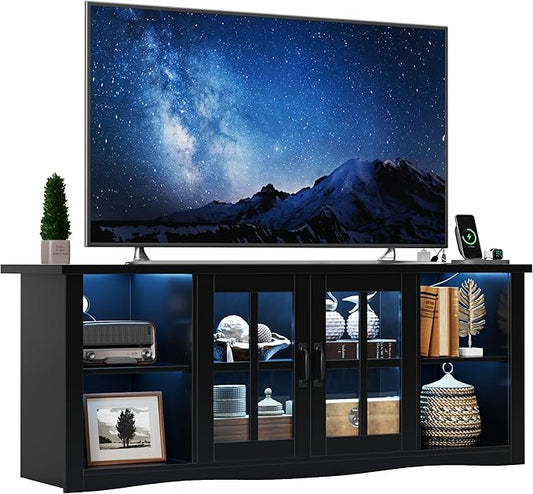 YESHOMY Farmhouse LED TV Stand with Power Outlet, for Televisions up to 65 Inches, Wood Entertainment Center with Glass Door Storage Cabinet, TV Console for Living Room, Black