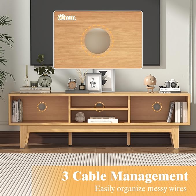 Wooden Rattan TV Stand for 55 65 70 inch TV, Long & Large TV Media Console Table with Storage Cabinets, Boho Farmhouse Entertainment Center for Living Room, Bedroom - Natural