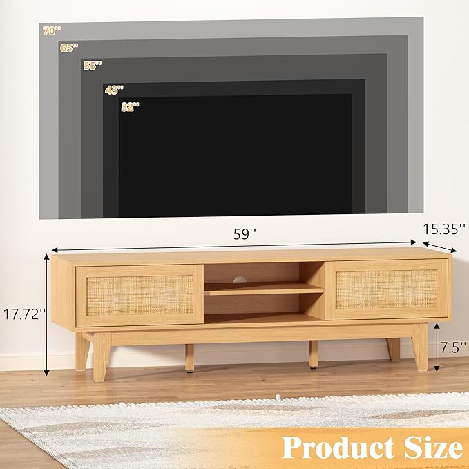 Wooden Rattan TV Stand for 55 65 70 inch TV, Long & Large TV Media Console Table with Storage Cabinets, Boho Farmhouse Entertainment Center for Living Room, Bedroom - Natural