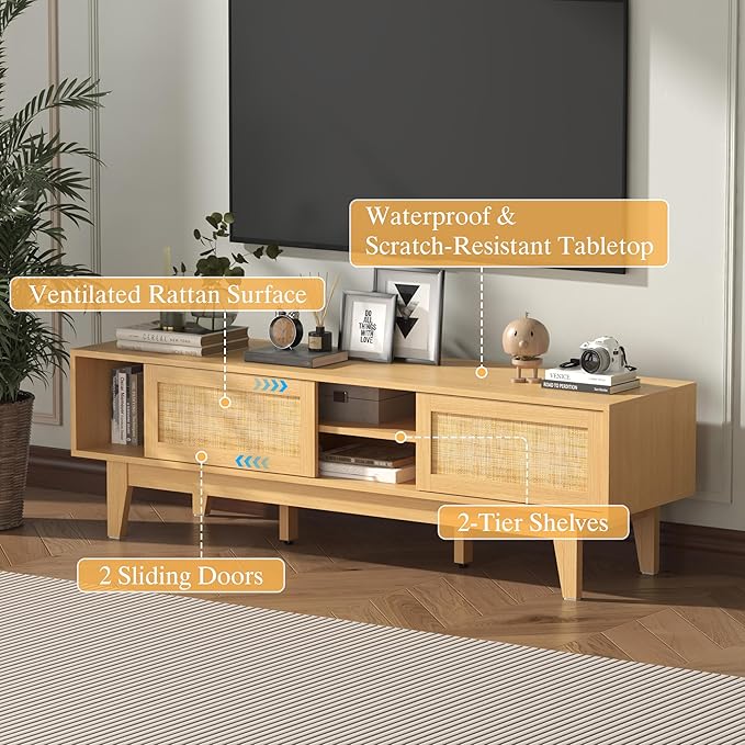Wooden Rattan TV Stand for 55 65 70 inch TV, Long & Large TV Media Console Table with Storage Cabinets, Boho Farmhouse Entertainment Center for Living Room, Bedroom - Natural
