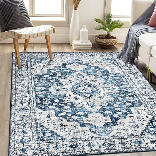 Moynesa Ultra-Thin Vintage 8x10 Area Rugs - Blue Bedroom Rugs for Living Room Non-Slip Stain Resistant, Printed Oriental Playroom Mat Indoor Floor Carpet for Dining Table Office Decor
