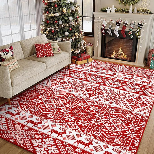 HUGEAR Christmas Vintage Large Area Rug 9x12 Living Room Rug Machine Washable Rugs Low Pile Carpet Indoor Door Mat Red/White Non-Slip Retro Carpet for Bedroom Kitchen Dining Bathroom