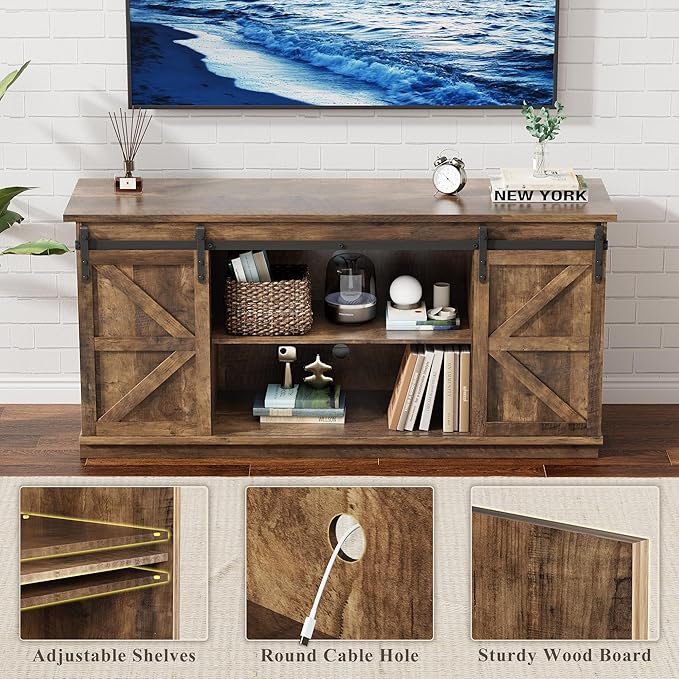 YESHOMY TV Stand for Televisions up to 65 Inches, with Sliding Barn Doors and Storage Cabinets, Console Table and Media Furniture for Living Room, 58 Inch, Barnwood