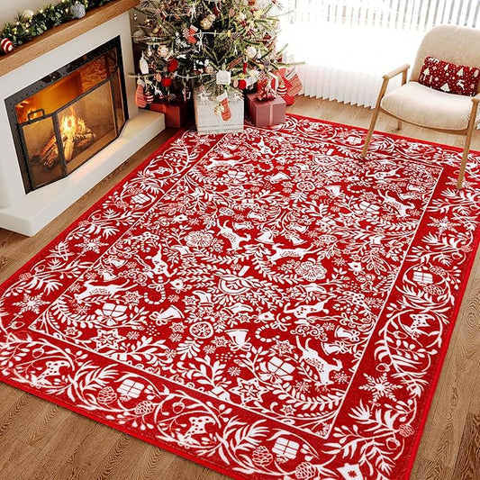 HUGEAR Christmas Large Area Rug 6x9 Living Room Rug Machine Washable Rugs Low Pile Carpet Indoor Door Mat Red/White Non-Slip Christmas Deer Rug for Bedroom Kitchen Dining Bathroom
