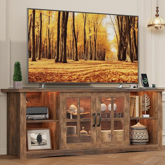 YESHOMY Farmhouse LED TV Stand with Power Outlet, for Televisions up to 65 Inches, Wood Entertainment Center with Glass Door Storage Cabinet, TV Console for Living Room, Brown