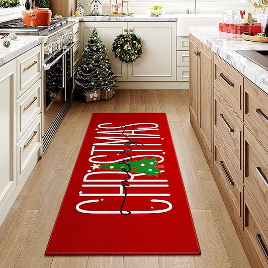 HUGEAR Christmas Area Rug 2x5 Runner Rugs Machine Washable Christmas Decorative Hallway Rugs Low Pile Carpet Red/Green Xmas Non-Slip Indoor Door Mat for Bedroom Kitchen Entryway Bathroom