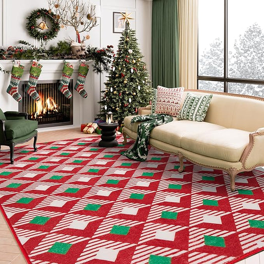 HUGEAR Christmas Rug 8x10 Large Area Rugs Machine Washable Rugs Red/Green Indoor Rug Low Pile Carpet Non-Slip Rugs for Bedroom Kitchen Living Room Dining