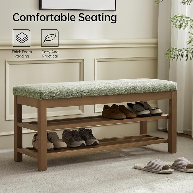 VKNOW Entryway Bench, 44.3” Upholstered Shoe Bench for Bedroom, 2-Tier Storage End of Bed Bench with Rubberwood Legs for Living Room, Hallway, Green