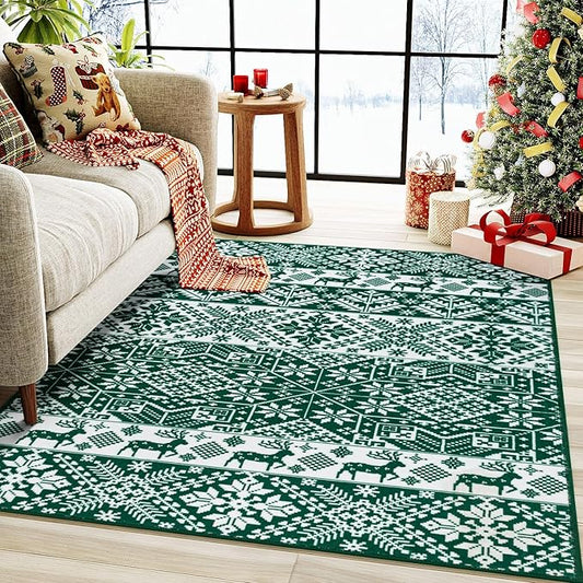 HUGEAR Christmas Vintage Area Rug 3x5 Entrance Rug Machine Washable Hallway Rugs Low Pile Carpet Indoor Door Mat Green/White Non-Slip Retro Carpet for Bedroom Kitchen Entryway Bathroom Living Room