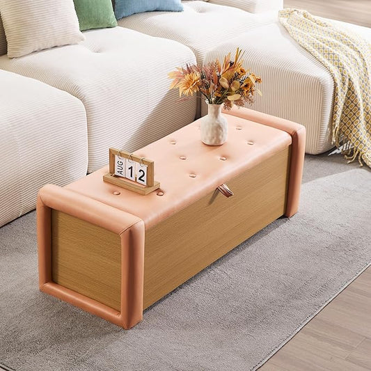 48" Large Storage Ottoman Bench, Faux Leather Upholstered Bed Bench with Button Tufted, End of Bed Ottoman with Safety Hinge for Bedroom, Living Room, Window，or Entryway, Orange Shoe Storage Chest