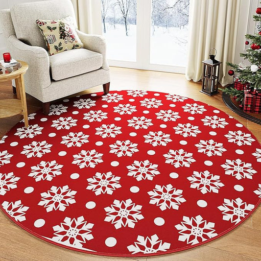 HUGEAR Christmas Area Rug 6x6 Round Rug Circle Machine Washable Rugs Low Pile Carpet Indoor Door Mat Red/White Non-Slip Snowflake Rug for Bedroom Kitchen Entryway