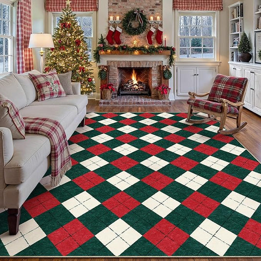 HUGEAR Christmas Area Rug 8x10 Living Room Rug Machine Washable Rugs Low Pile Carpet Checkered Plaid Red/Green Non-Slip Rug for Bedroom Kitchen Entryway Bathroom Dining