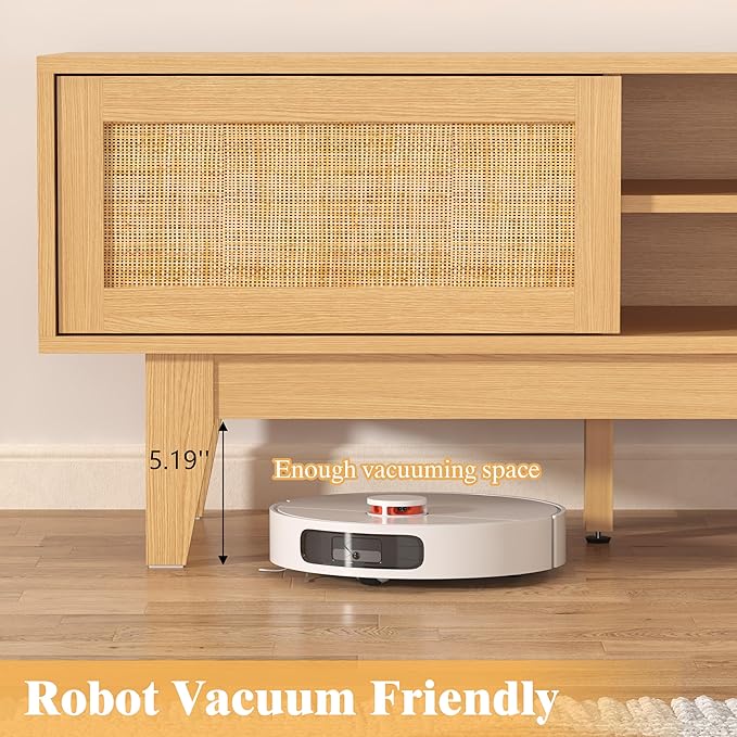 Wooden Rattan TV Stand for 55 65 70 inch TV, Long & Large TV Media Console Table with Storage Cabinets, Boho Farmhouse Entertainment Center for Living Room, Bedroom - Natural