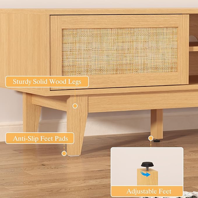 Wooden Rattan TV Stand for 55 65 70 inch TV, Long & Large TV Media Console Table with Storage Cabinets, Boho Farmhouse Entertainment Center for Living Room, Bedroom - Natural