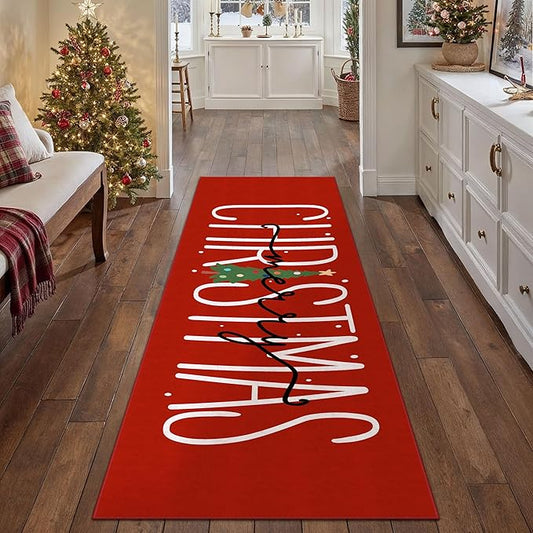 HUGEAR Christmas Area Rug 2x6 Runner Rugs Machine Washable Christmas Decorative Hallway Rugs Low Pile Carpet Red/Green Xmas Non-Slip Indoor Door Mat for Bedroom Kitchen Entryway Bathroom
