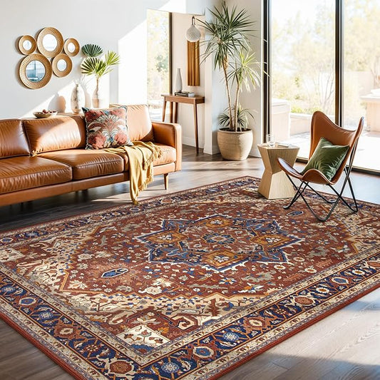 Moynesa Ultra-Thin Washable 8x10 Area Rugs for Living Room, Boho Oriental Rugs for Bedroom Non-Slip Non-Shedding, Large Vintage Carpet for Dining Room Home Office Decor, Brown/Multi