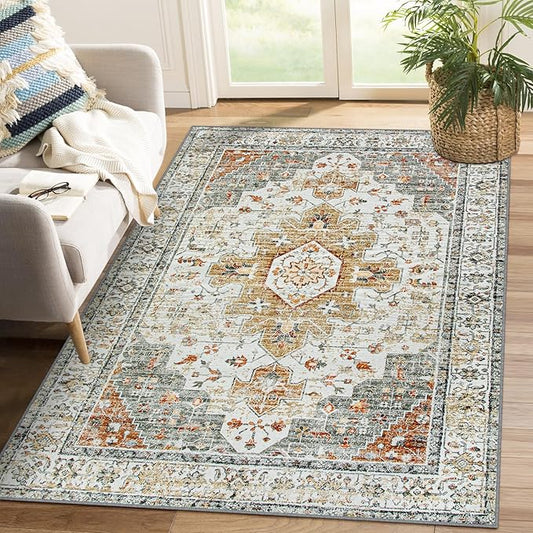 Moynesa Ultra-Thin Washable Area Rug - 4x6 Vintage Living Room Rugs Non-Shed Non Slip, Oriental Low Pile Indoor Accent Floor Carpet for Bathroom Bedroom Laundry Mudroom Entrance, Beige/Gold