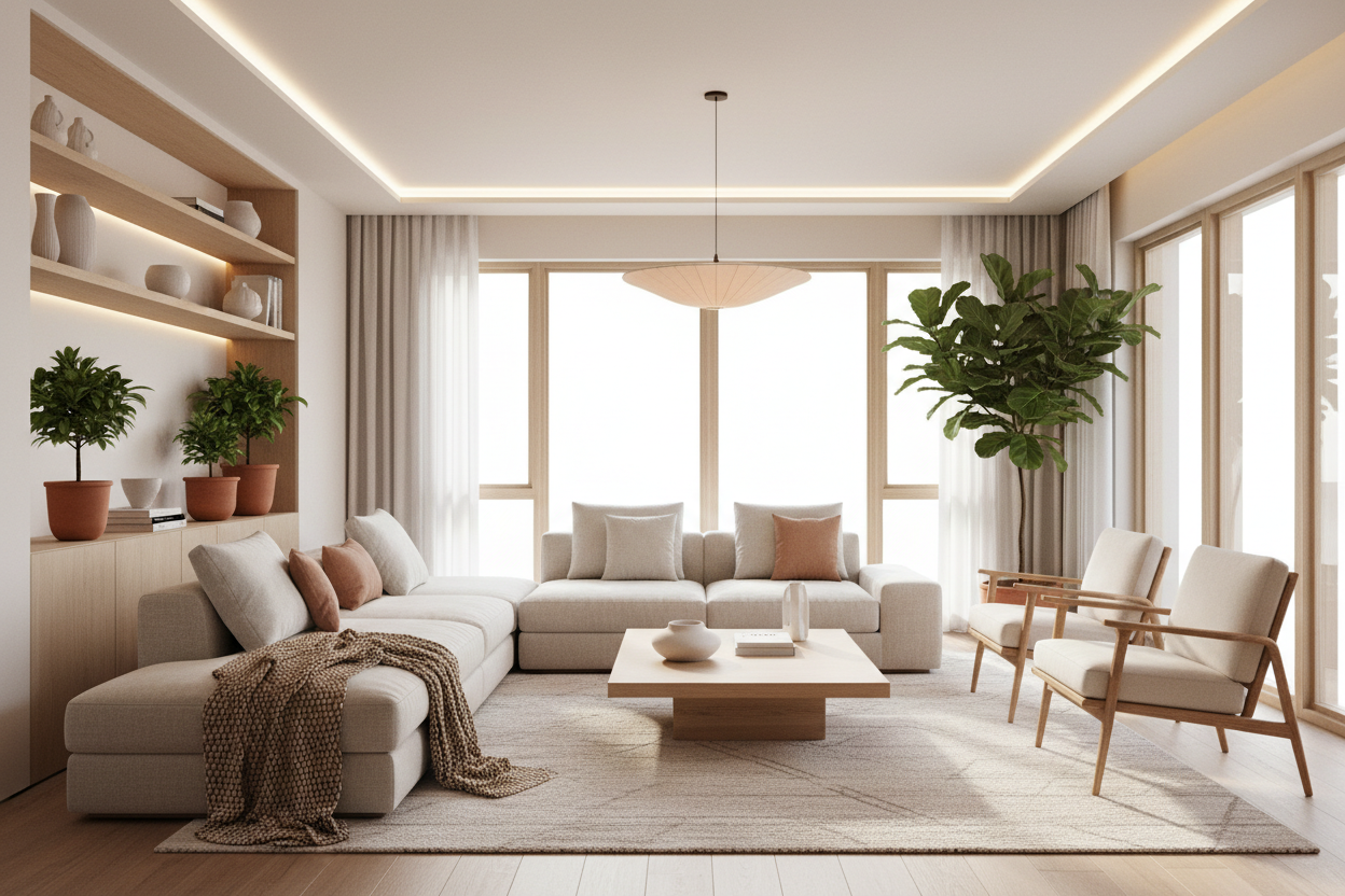 modern cozy living room, natural light interior, warm home aesthetic, minimal home design
